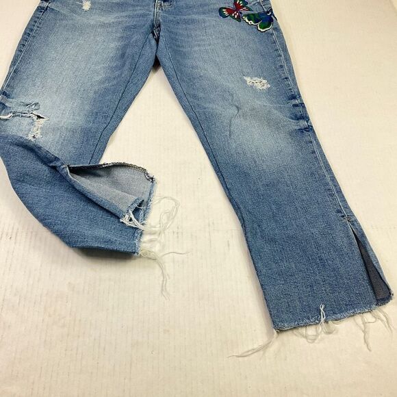 GAP Best Girlfriend Cropped Jeans Blue Embroidered Frayed Torn High Rise Size 28 - Picture 2 of 12